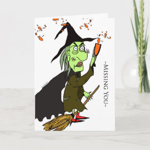 Carte Vous manquez pour Halloween, sorcière verte et pot