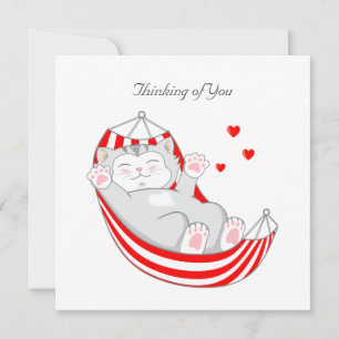 Carte Vous pensant Kitty Chat avec des coeurs dans Hamac