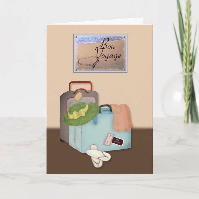 Carte Voyage de fève, valises emballées, thème de plage (Devant)