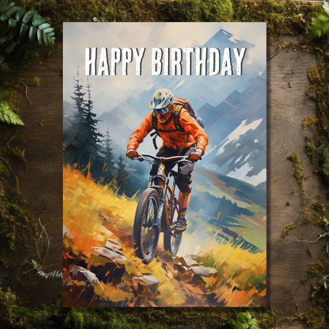 Carte VTT Watercolor Joyeux anniversaire (Front - Mountain Bike Abstract Watercolor Happy Birthday Card)