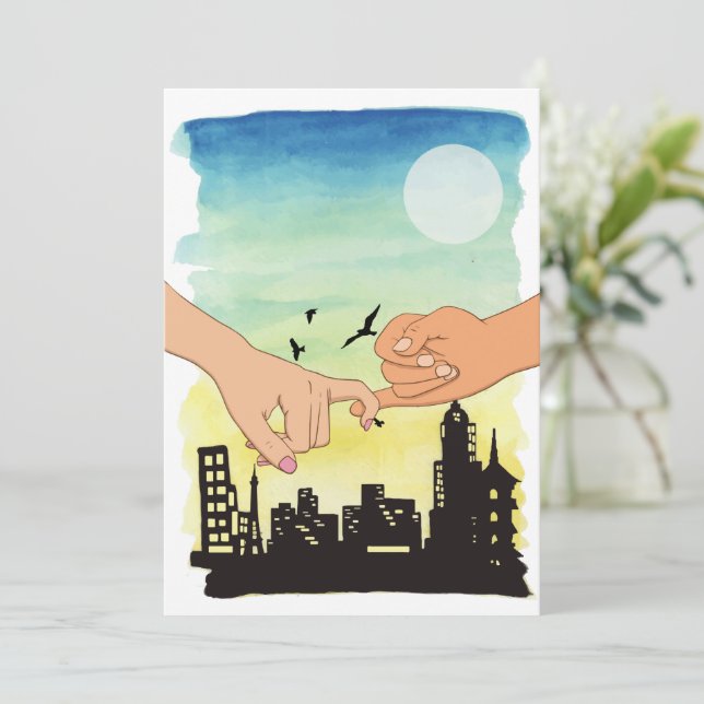 Carte Vue de paysage urbain de couple à l'aquarelle, pro (Debout devant)