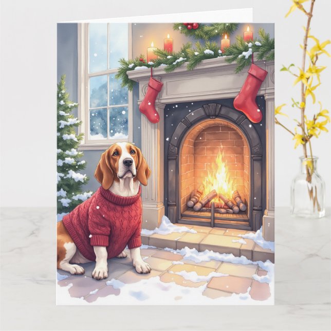 Carte Watercolor Basset Hound Cozy Fireplace Christmas (Fleur jaune)