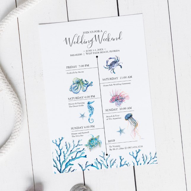 Carte Watercolor Beach Wedding Week-end Timeline (Wedding weekend illustrated itinerary invitation watercolor ocean creatures Victoria Grigaliunas )