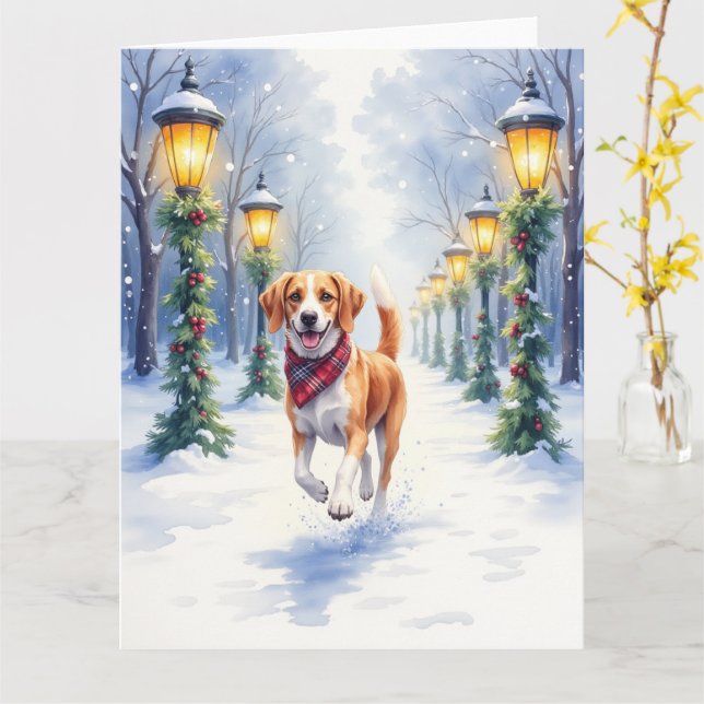 Carte Watercolor Beagle Snowy Park Christmas Holiday (Fleur jaune)
