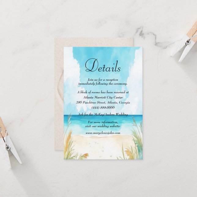 Carte Watercolor Blue Ocean Beach Détails du mariage Car (Devant/Arrière en situation)