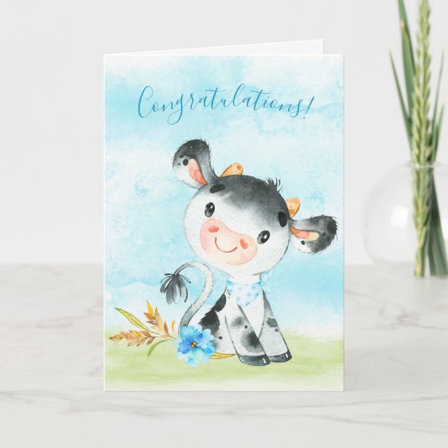 Carte Watercolor Boy Cow Farm Félicitations (Devant)