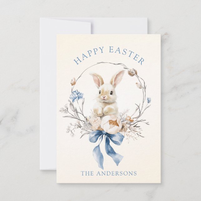 Carte Watercolor Bunny Flowers Blue Bow Spring (Devant)