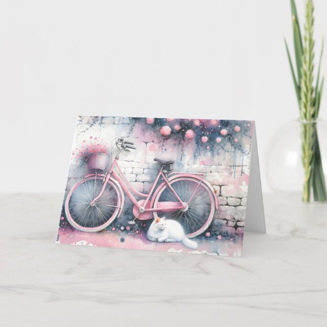 Carte Watercolor Chat et Vélo rose (Devant)