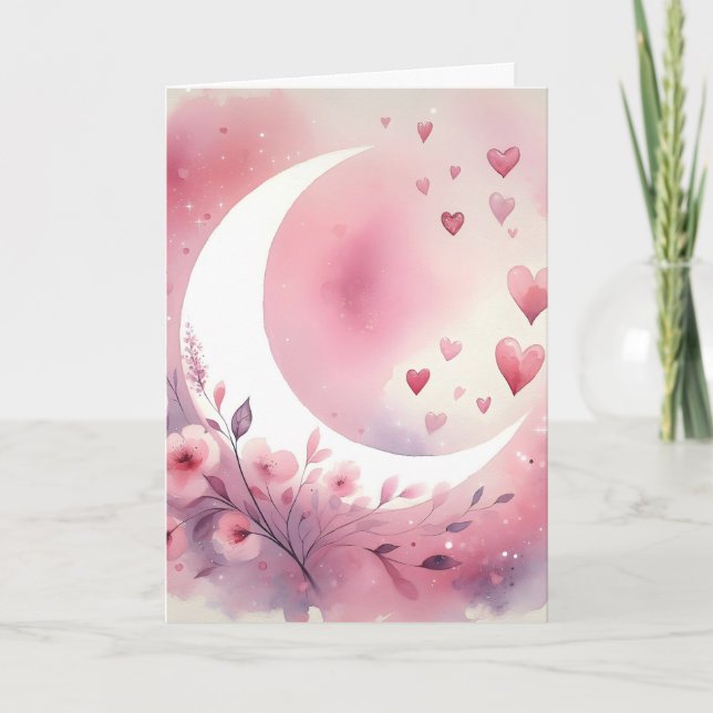 Carte Watercolor Crescent Moon, Hearts, Cherry Blossoms (Devant)