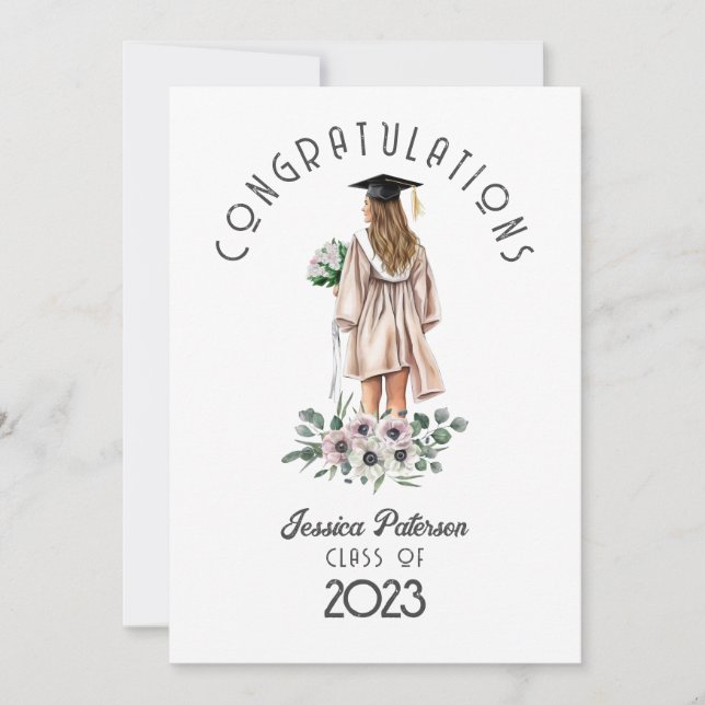 Carte Watercolor Floral Brunette Félicitations Fille (Devant)