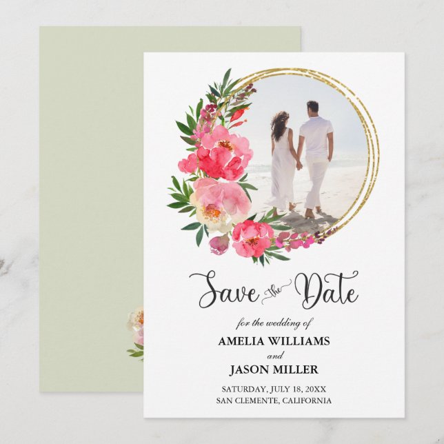 Carte Watercolor Floral Wedding Enregistrer la date (Devant / Derrière)