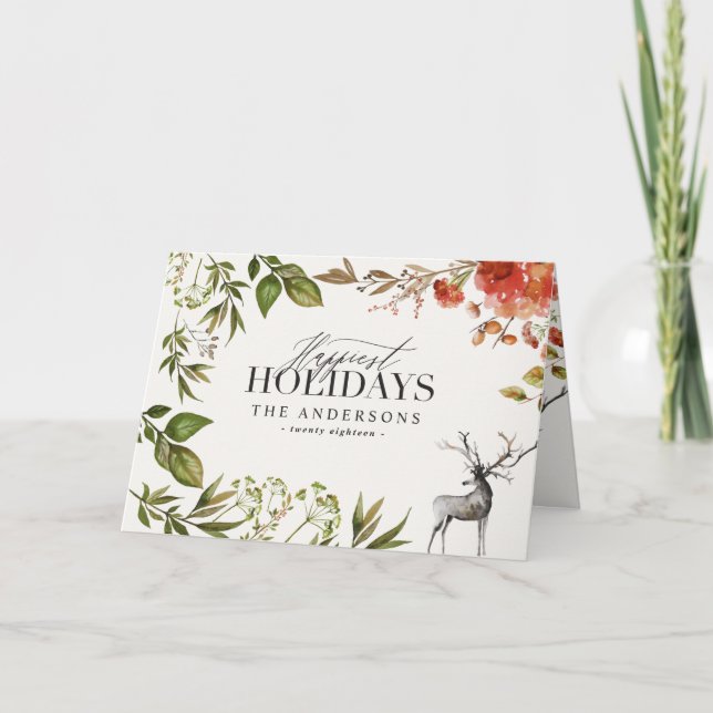 Carte Watercolor foliage stag photo Christmas (Devant)