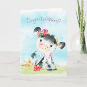 Carte Watercolor Girl Cow Congratulations