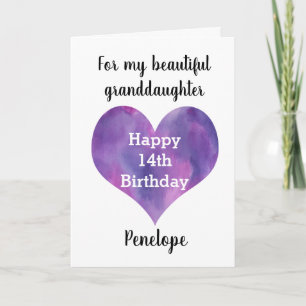 Carte Watercolor Heart Grandgirl 14e anniversaire