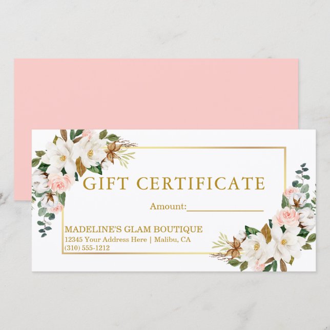 Carte Watercolor Magnolias Pink Roses Certificat cadeau (Devant / Derrière)