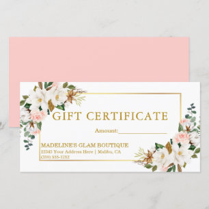 Carte Watercolor Magnolias Pink Roses Certificat cadeau