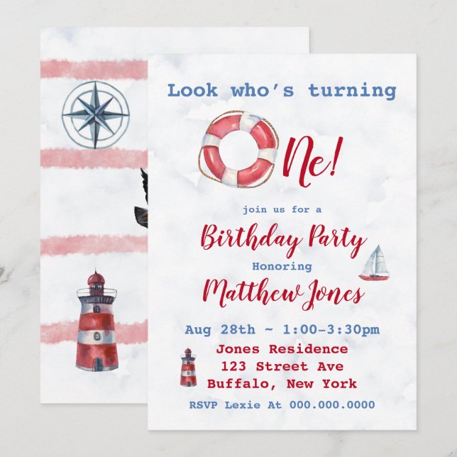 Carte Watercolor Nautical Boy 1er anniversaire Invitatio (Devant / Derrière)