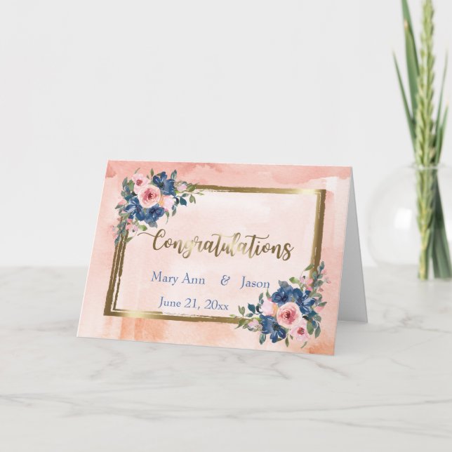 Carte Watercolor Navy et Blush Mariage (Devant)