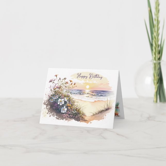 Carte Watercolor Ocean Beach avec fleurs (Devant)