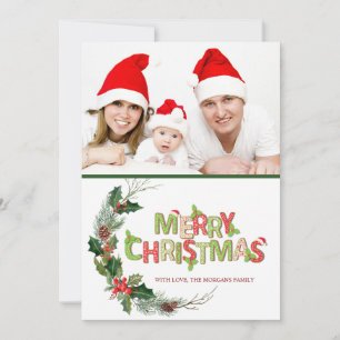 Carte Watercolor Pine Tree Branches Photo Joyeux Noël