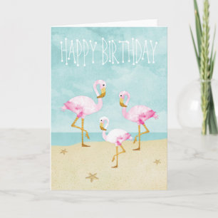 Carte Watercolor Pink Flamingos on the Beach