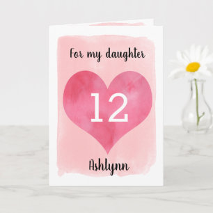 Carte Watercolor Pink Heart 12th Birthday