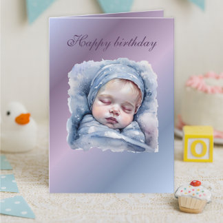 Carte Watercolor Sleeping Baby Birthday Card,soft pastel