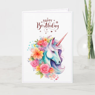 Carte Watercolour Unicorn Floral Happy Birthday Card