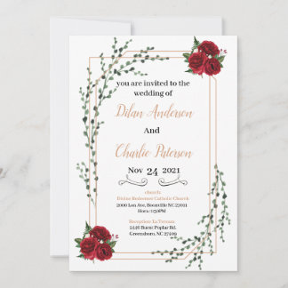 Carte Wedding Invitation, red rose  Gold 