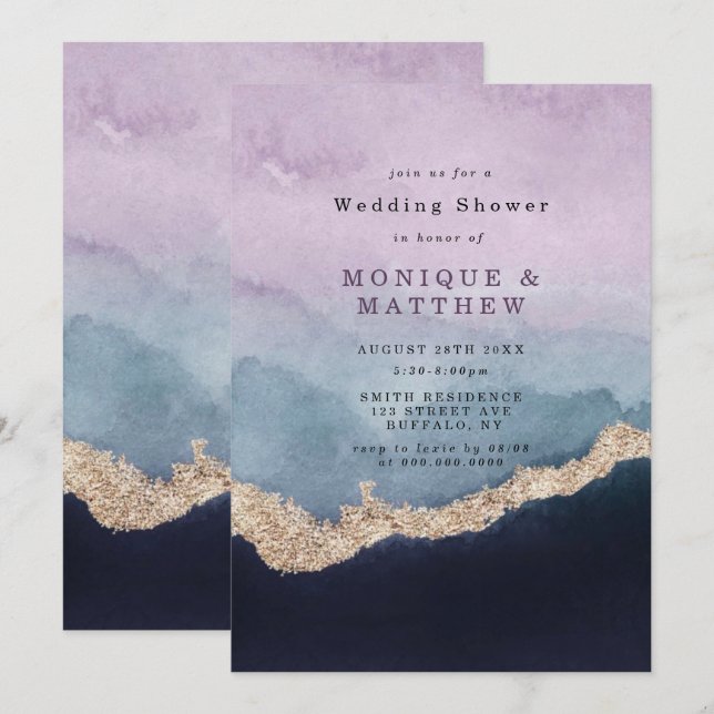 Carte Wedding shower d'agate d'aquarelle bleu violet (Devant / Derrière)