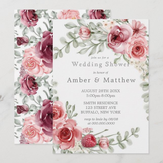 Carte Wedding shower de pivoine de framboise et rose (Devant / Derrière)