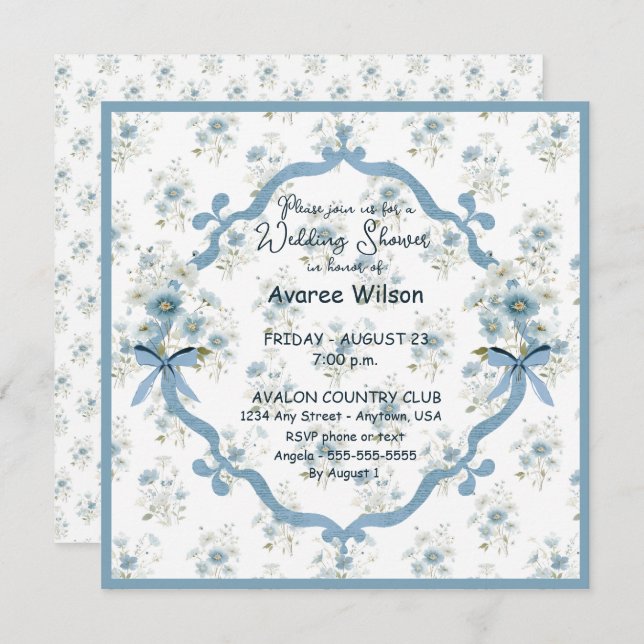 Carte Wedding Shower in Blue Floral (Devant / Derrière)