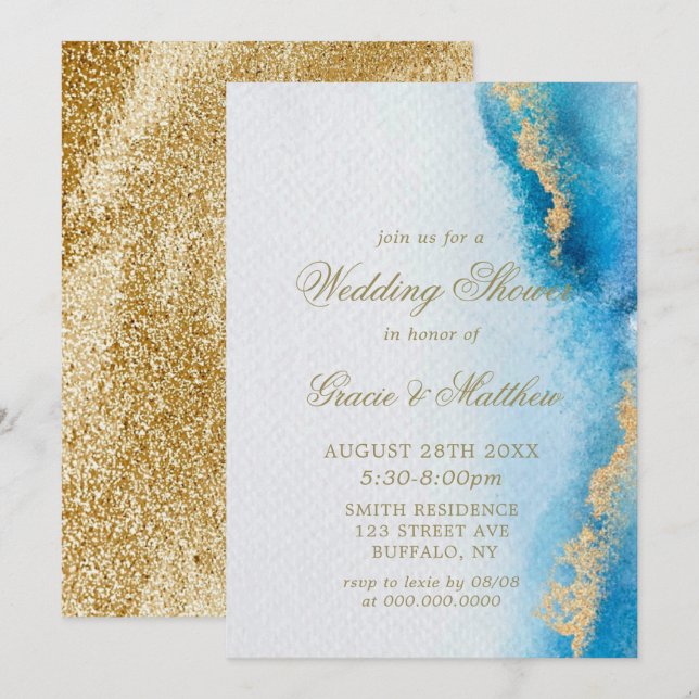 Carte Wedding shower Ocean Blue Gold Agate (Devant / Derrière)