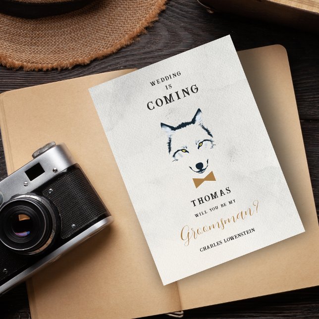 Carte Wedding Wolf Groomsman Grey Shades Gold Bow Tie (Grey Shades Groomsman Proposal Card with Faux Gold Bow Tie Featuring Wedding Wolf Design.)