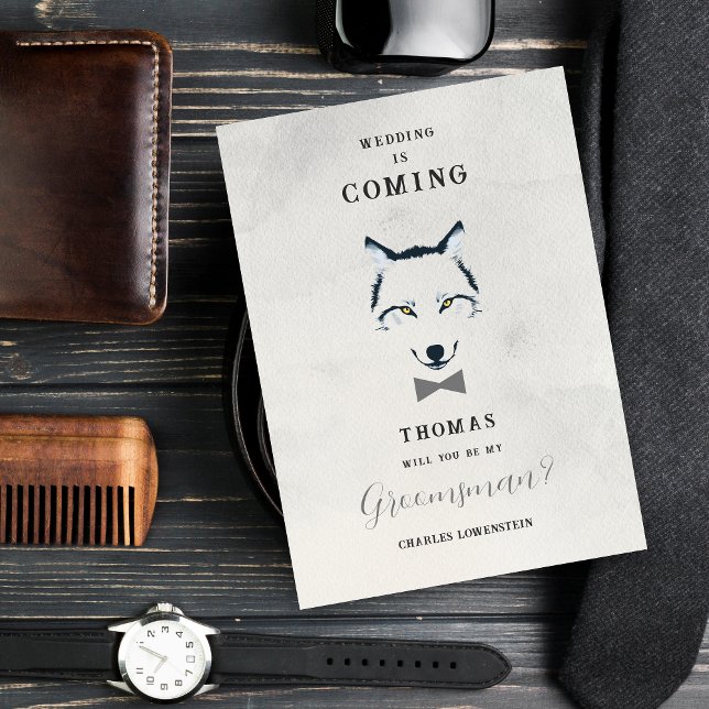 Carte Wedding Wolf Groomsman Grey Shades Grey Bow Tie (Grey Shades Groomsman Proposal Card with Grey Bow Tie Featuring Wedding Wolf Design.)