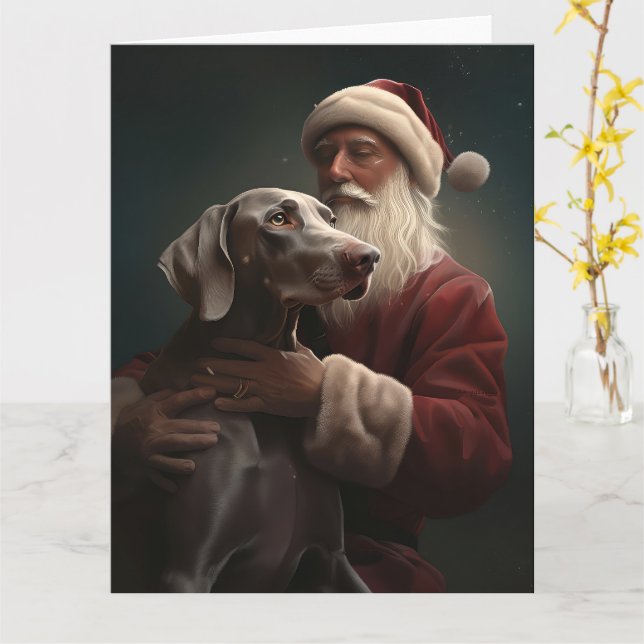 Carte Weimaraner avec Noël Festif du Père Noël (Fleur jaune)