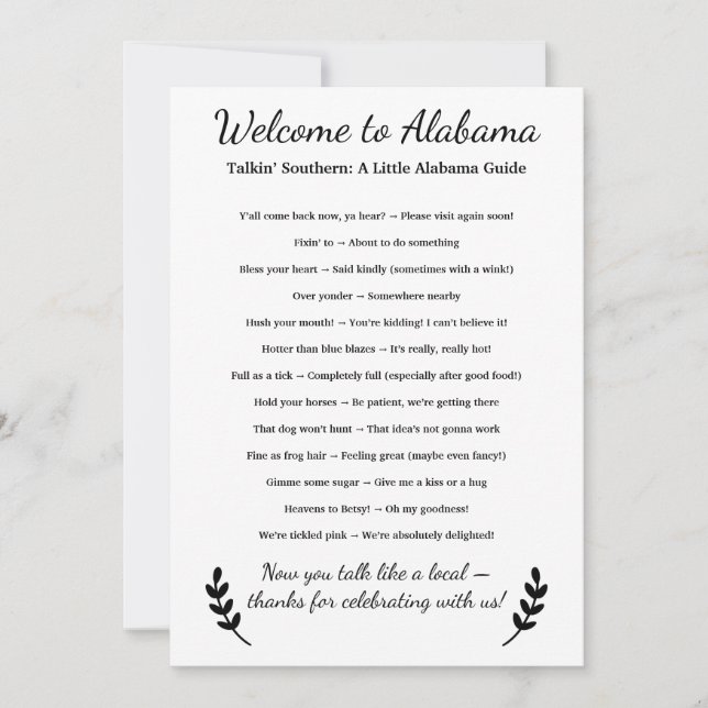 Carte Welcome to Alabama Personalized with Local Phrases (Devant)