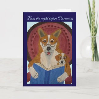 Carte Welsh Corgi reading Christmas Story to Puppy