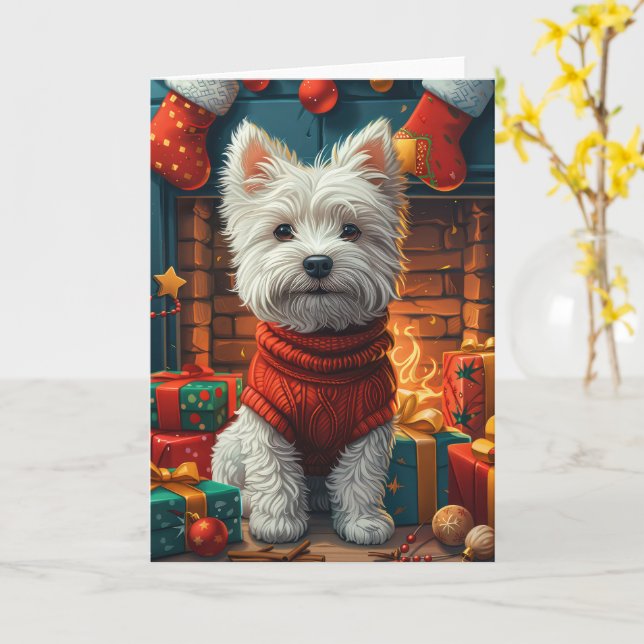 Carte West Highland White Terrier Avec Cadeaux De Noël (Fleur jaune)