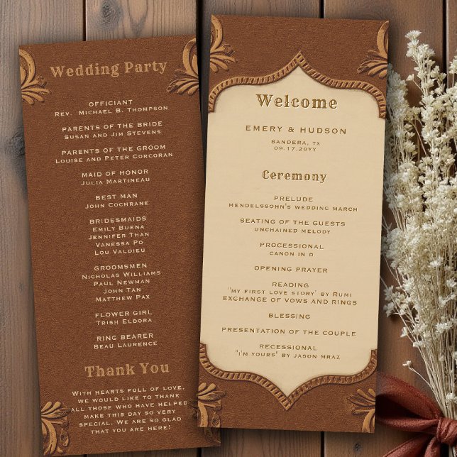 Carte Western Tooled Terracotta Rustic Wedding Program (country rustic cowboy wedding program faux tooled leather terracotta bronze rust copper western barn)