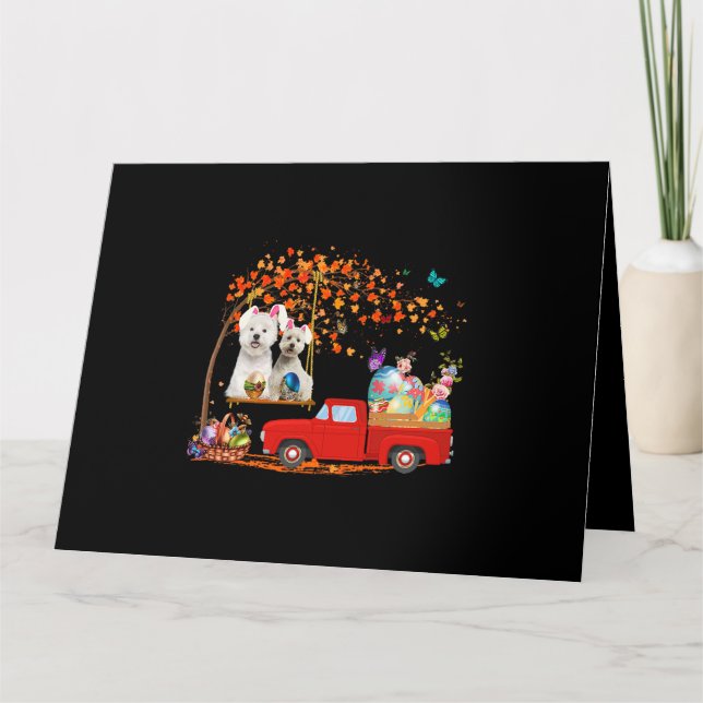 Carte Westie portant un camion rouge aux oreilles de lap (Devant)