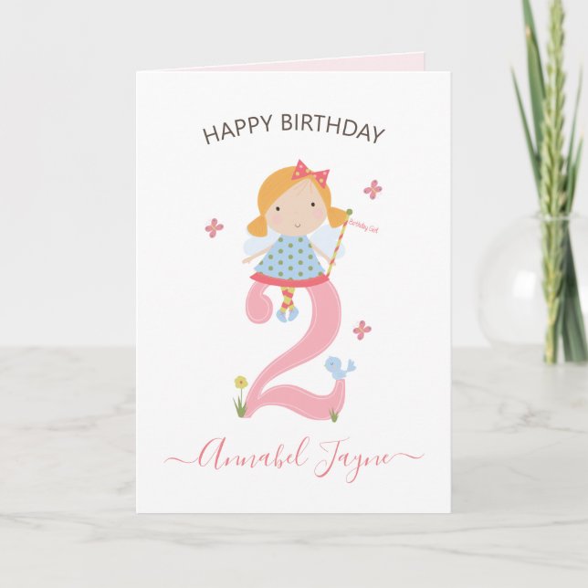 Carte Whimsical 2ème anniversaire fée filles rose mignon (Devant)