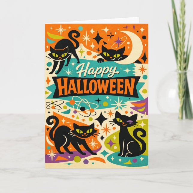 Carte Whimsical Black Cat Atomic Age Halloween (Devant)