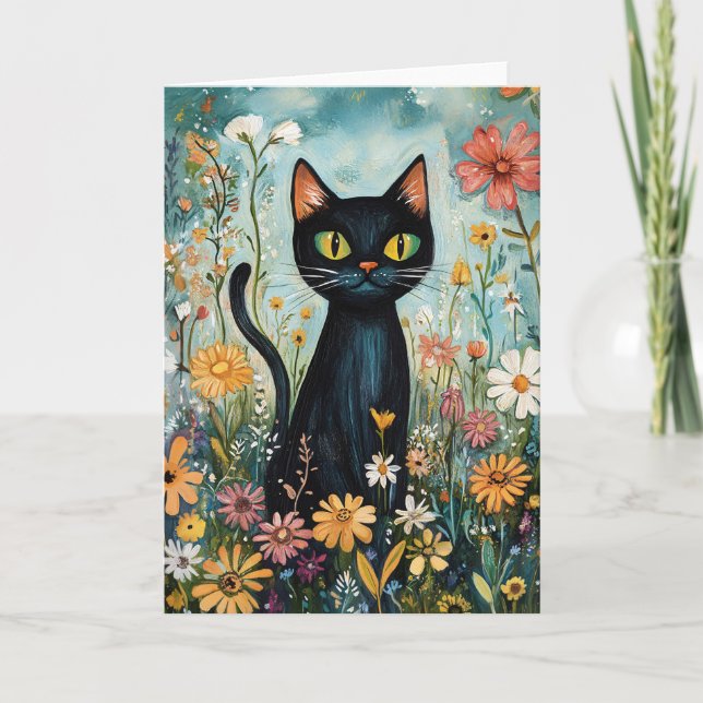 Carte Whimsical Black Cat avec illustration Fleur sauvag (Devant)