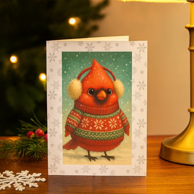 Carte Whimsical Cardinal in Earmuffs Christmas  (Whimsical cardinal holiday card festive, cozy, and perfect for winter greetings or gifts.)