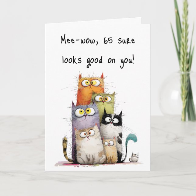 Carte Whimsical Cats Big Eyes 65th Birthday Greeting (Devant)