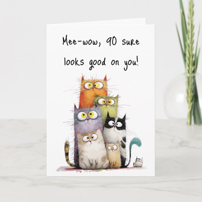 Carte Whimsical Cats Big Eyes 90th Birthday Greeting (Devant)