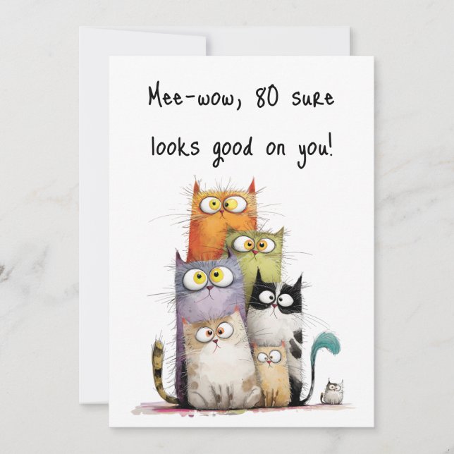 Carte Whimsical Cats with Big Eyes 80th Birthday Flat (Devant)