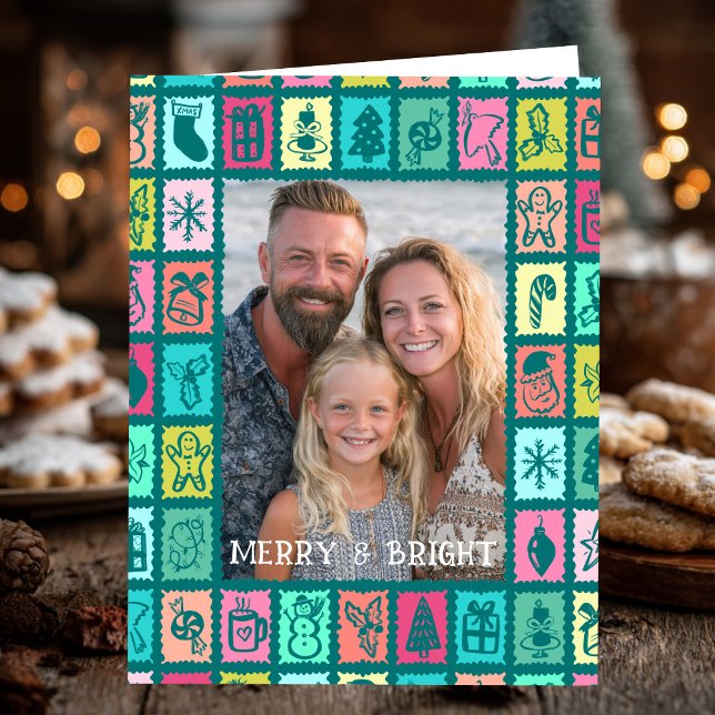 Carte Whimsical Christmas Grid Cute Custom PHOTO Message (Whimsical Christmas Grid Cute Custom PHOTO Message Folded Holiday Card
)