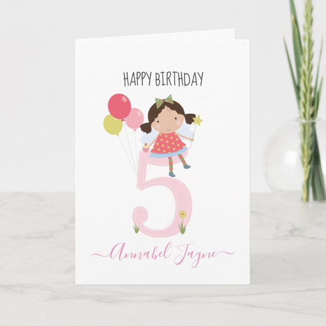 Carte Whimsical cinquième anniversaire fée filles rose m (Devant)